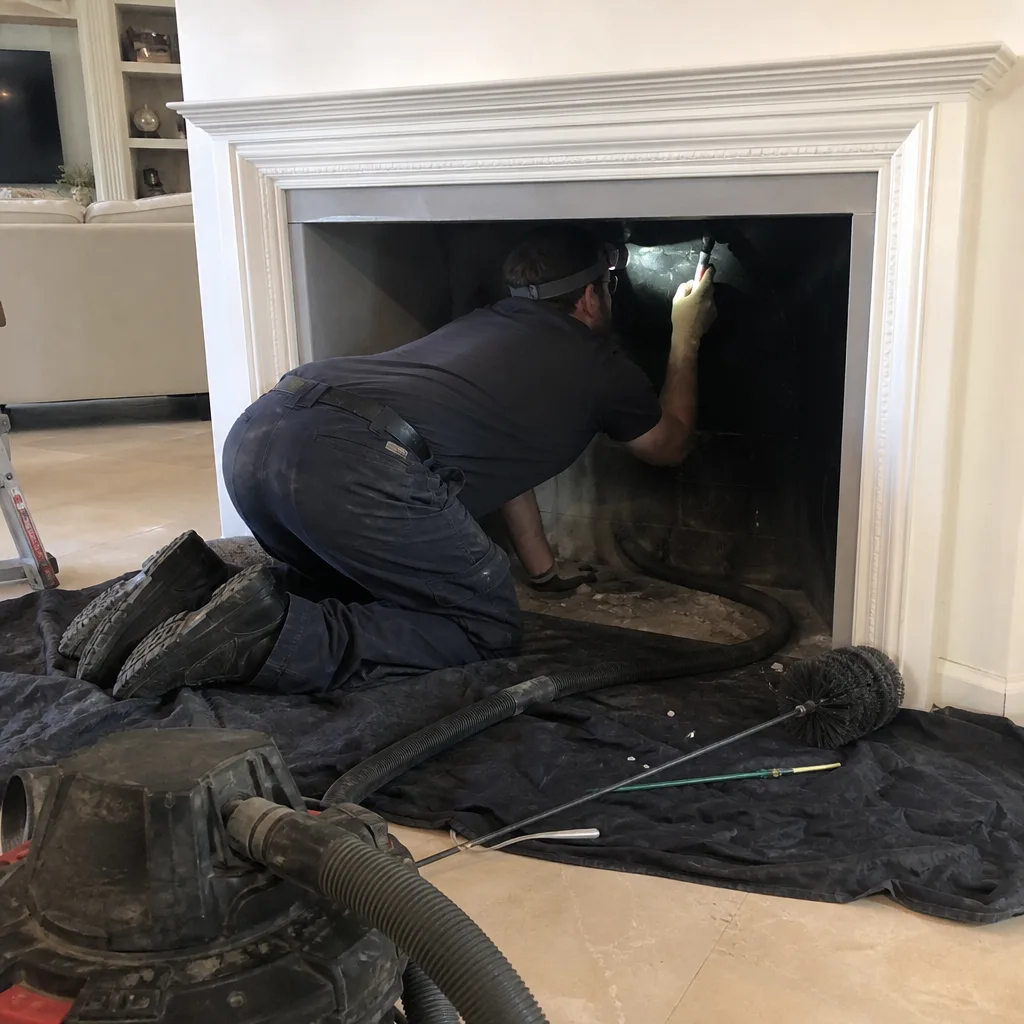 Professional chimney sweep performing a thorough fireplace inspection and cleaning