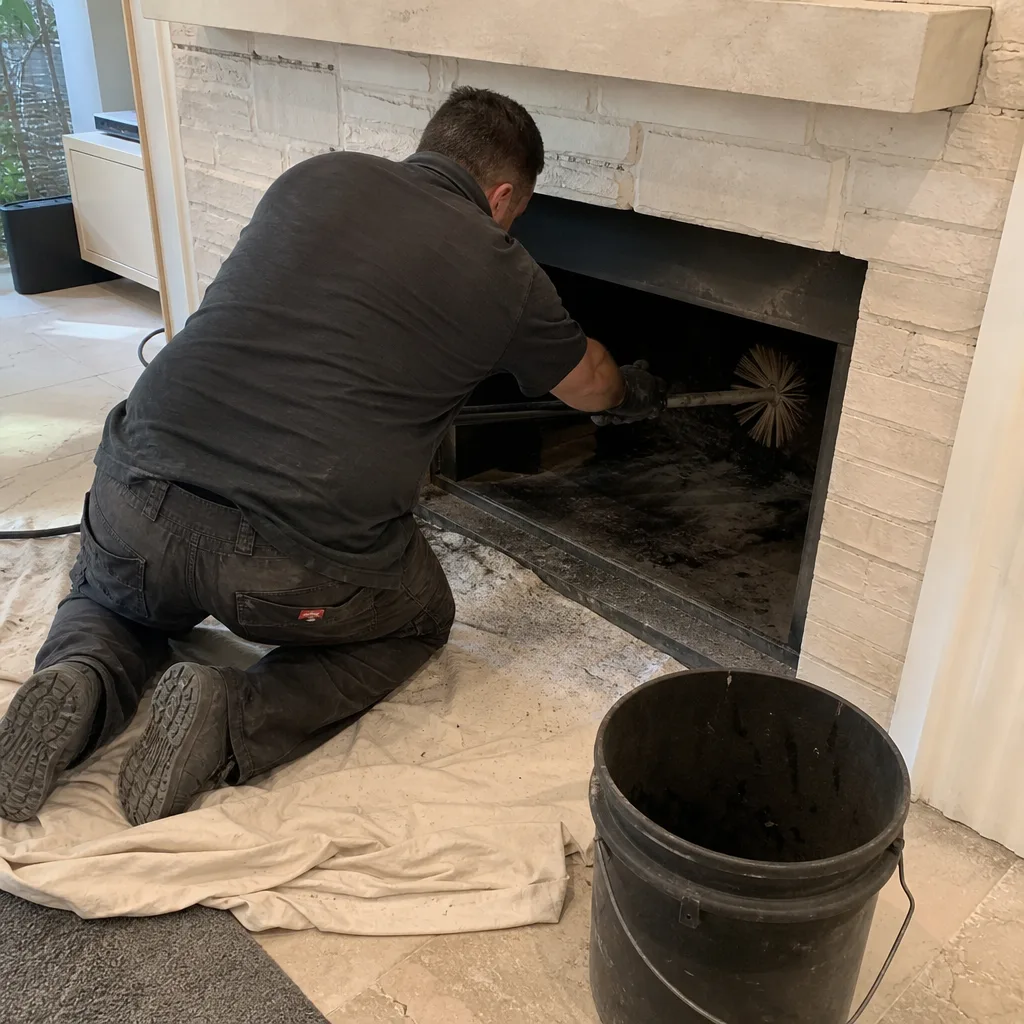 Professional chimney sweep cleaning a brick fireplace with a wire brush