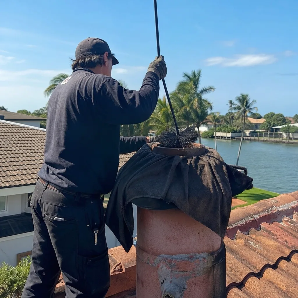 Professional chimney sweep cleaning a residential chimney stack with a brush