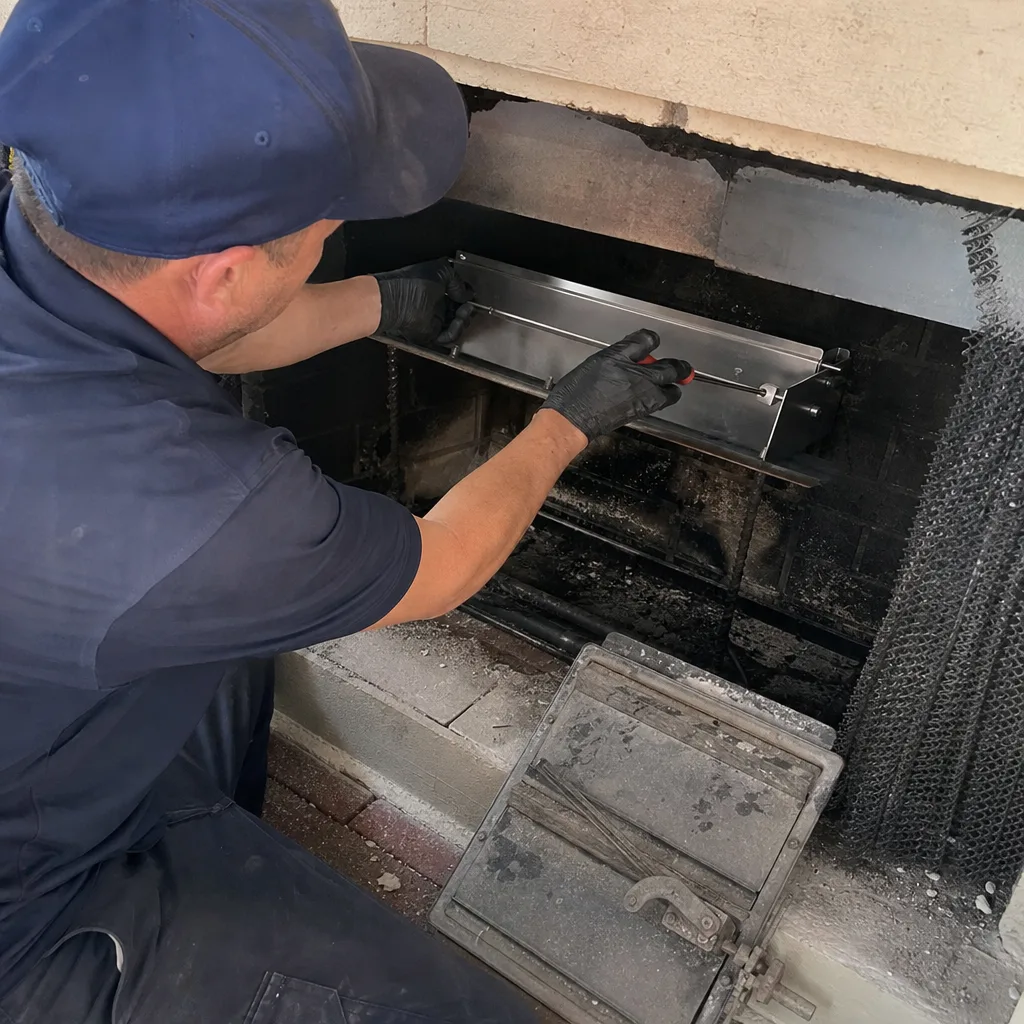 Chimney professional installing or repairing internal fireplace metal parts