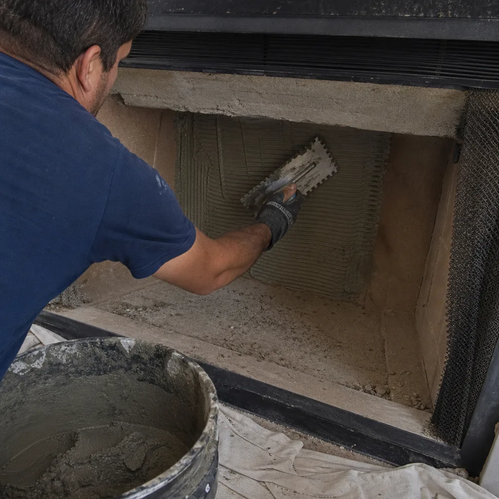 A professional worker applying mortar to a fireplace wall with a trowel.