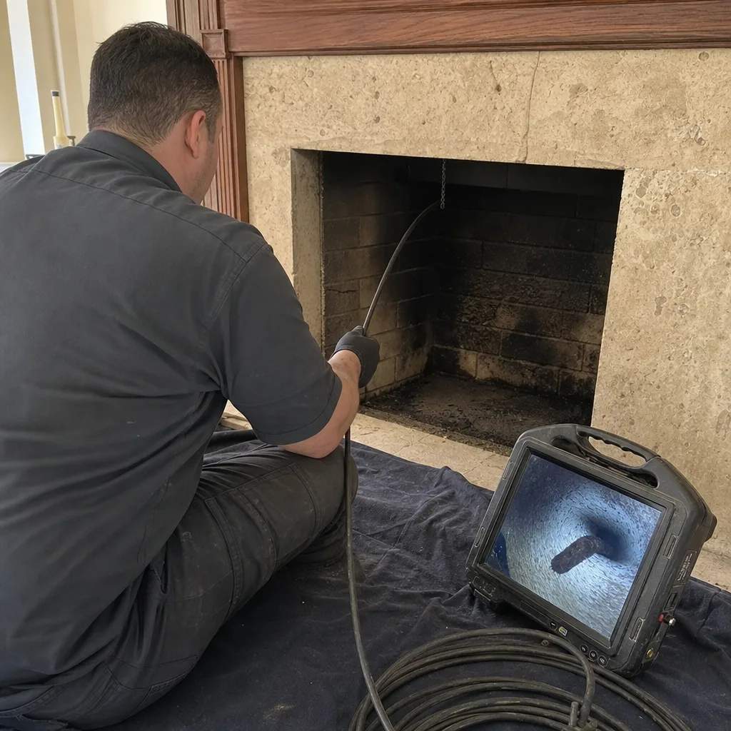 Professional technician performing a chimney fireplace video inspection